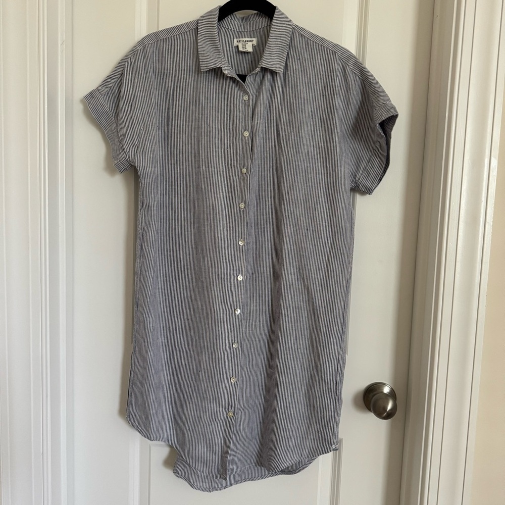 Artisan NY Navy Linen Blue Striped Button Down Shirt Mini Dress, XS